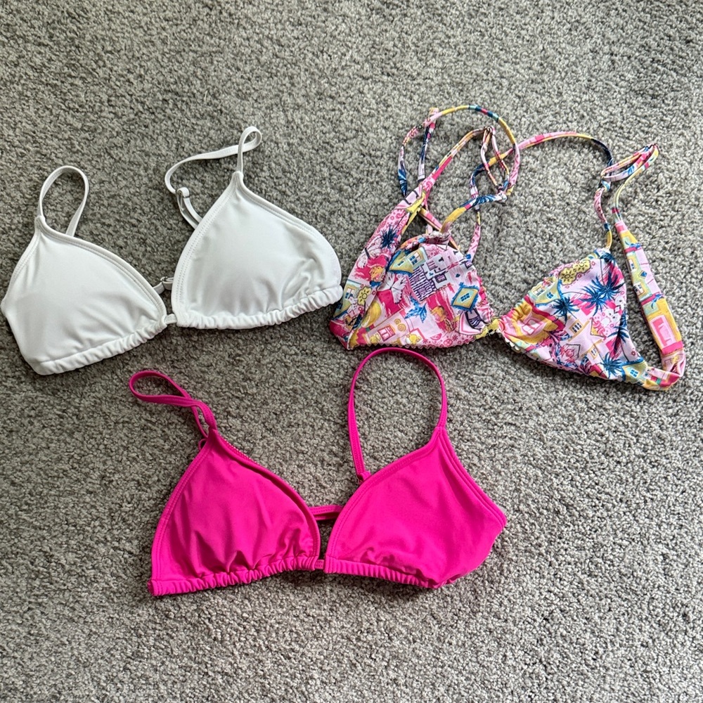 SHEIN Girls Bikini Tops Set - White, Hot Pink & Multi-Color Tropical Print
